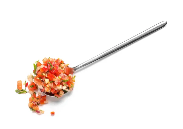 Spoon Tasty Salsa Sauce White Background — Photo