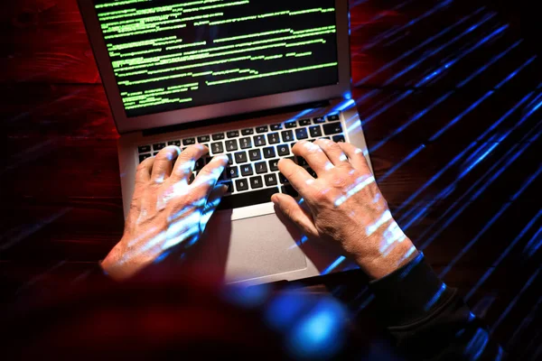 Hands Hacker Laptop Dark Background —  Fotos de Stock