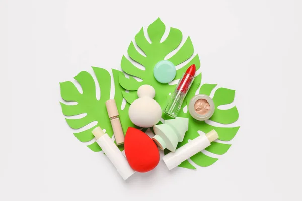 Makeup Supplies Tropical Leaves White Background — ストック写真
