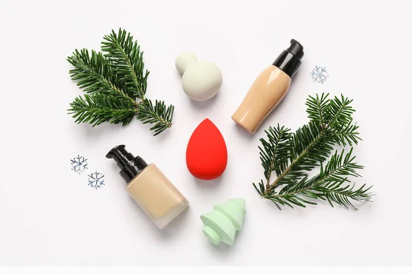 Christmas Composition Makeup Sponges Tonal Foundation White Background — Stockfoto