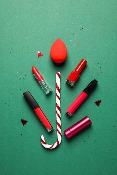 Christmas Composition Makeup Supplies Color Background — Stock Photo, Image