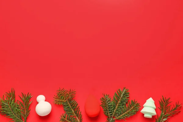 Christmas Tree Branches Makeup Sponges Color Background — Stock Photo, Image