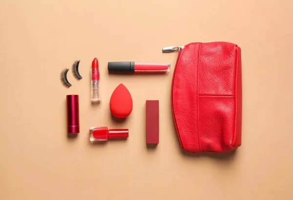 Bag Makeup Supplies Color Background — Fotografia de Stock
