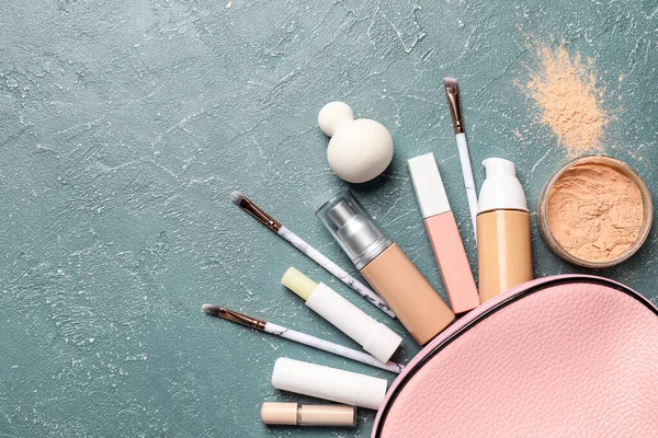 Bag Makeup Supplies Grey Background — Stock Photo, Image