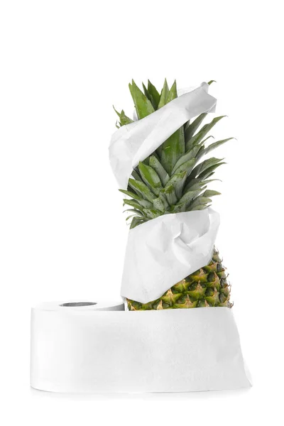 Fresh Pineapple Wrapped Toilet Paper White Background — Stock Photo, Image