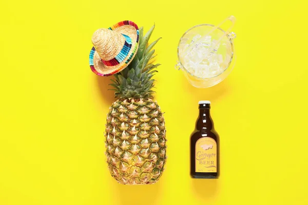 Fresh Pineapple Sombrero Bottle Ginger Beer Bucket Ice Cubes Color — Stock Fotó