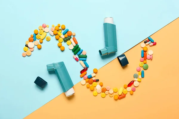 Composition Inhalers Pills Color Background — Stock Fotó