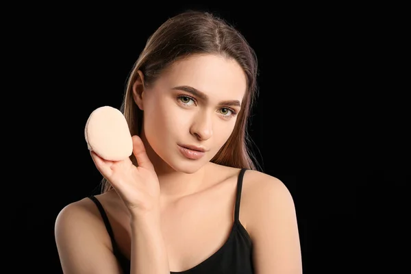 Beautiful Young Woman Makeup Sponge Dark Background — Stock Photo, Image