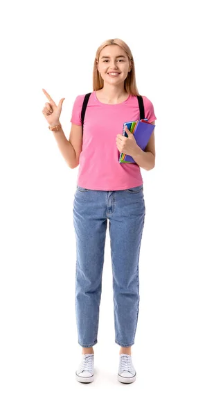 Female Student Pointing Something White Background — Photo