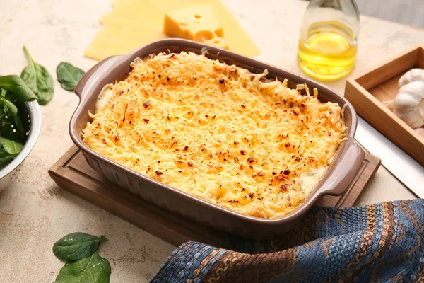 Baking Dish Tasty Green Lasagna Ingredients Grunge Background — Stock Photo, Image