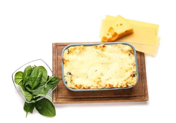 Baking Dish Tasty Green Lasagna Ingredients White Background — Stock Photo, Image