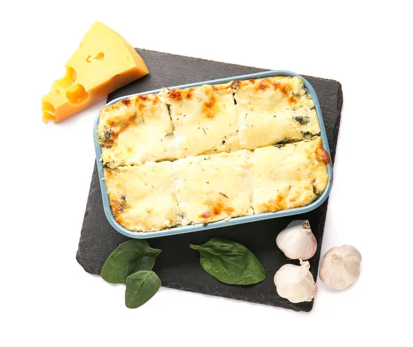 Baking Dish Tasty Green Lasagna Ingredients White Background — Foto Stock