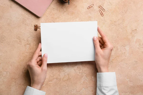 Woman Holding Blank Sheet Paper Color Background — Stock Photo, Image