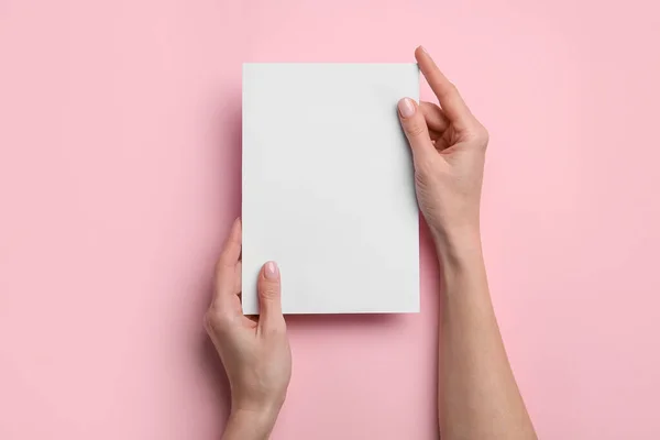 Woman Holding Blank Sheet Paper Color Background Closeup — Stock Photo, Image