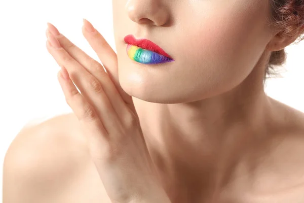 Hermosa Joven Con Labios Arco Iris Sobre Fondo Blanco Primer — Foto de Stock