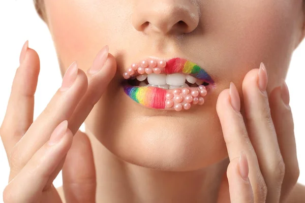 Hermosa Joven Con Labios Arco Iris Sobre Fondo Blanco Primer — Foto de Stock