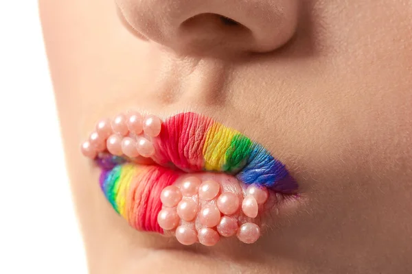 Mooie Jonge Vrouw Met Regenboog Lippen Witte Achtergrond Close — Stockfoto