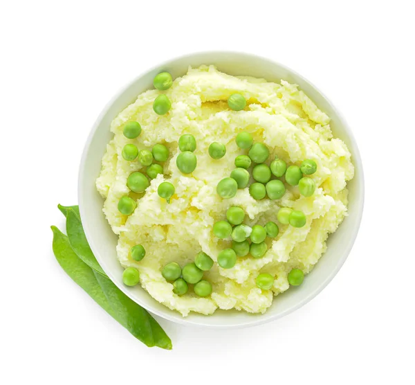 Bowl Mashed Potatoes Green Peas White Background — Stock Photo, Image