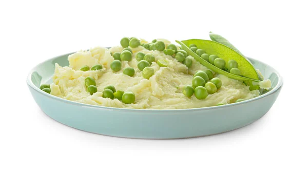 Plate Mashed Potatoes Green Peas White Background — Stock Photo, Image