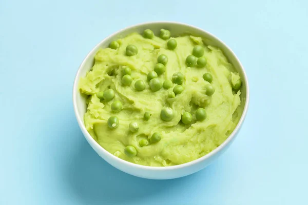 Bowl Mashed Potatoes Green Peas Color Background — Stock Photo, Image
