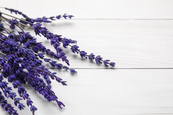 Beautiful Lavender Flowers Light Wooden Background Closeup — Stock Photo, Image