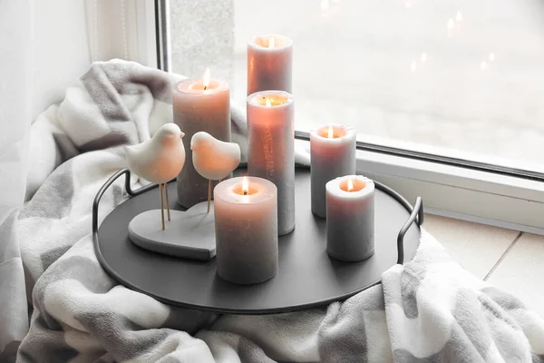 Burning Candles Windowsill Room — Stock Photo, Image