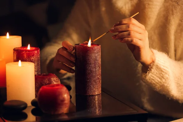 Woman Lightning Candles Table Closeup — Stock Photo, Image