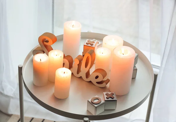 Burning Candles Table Window — Stock Photo, Image