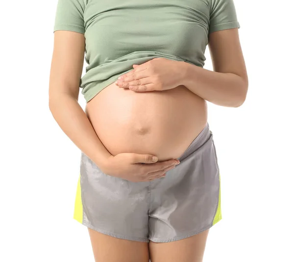 Jonge Zwangere Vrouw Witte Achtergrond — Stockfoto