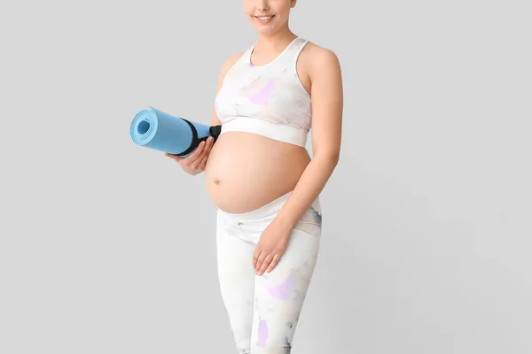 Young Pregnant Woman Yoga Mat Light Background — Stock Photo, Image