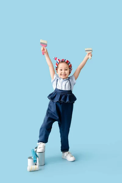 Little Girl Paint Brushes Color Background — Stock Photo, Image