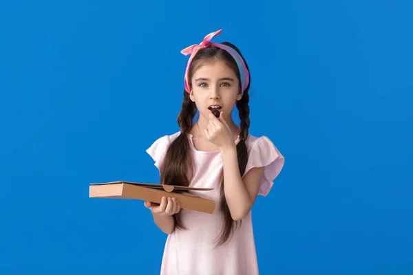 Cute Little Girl Eating Chocolate Candies Color Background — Stock Photo, Image