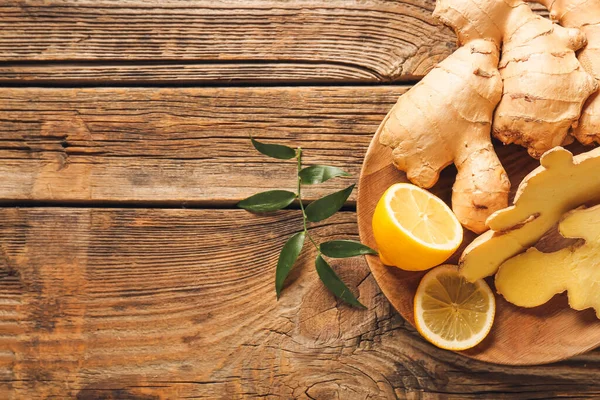 Composition Fresh Ginger Lemon Wooden Background — Stock Photo, Image
