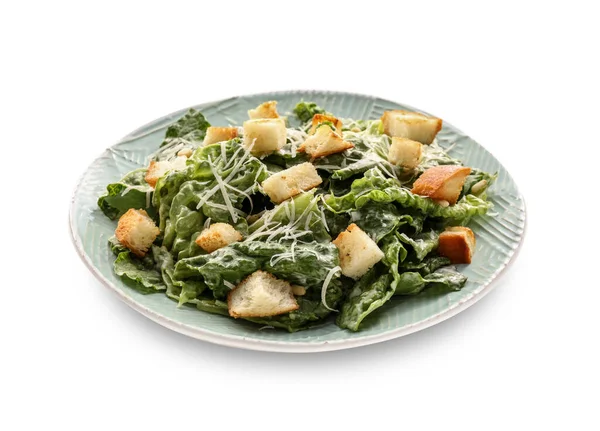 Plate Tasty Caesar Salad White Background — Stock Photo, Image
