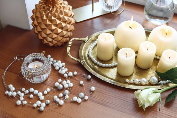 Burning Candles Accessories Rose Windowsill — Stock Photo, Image