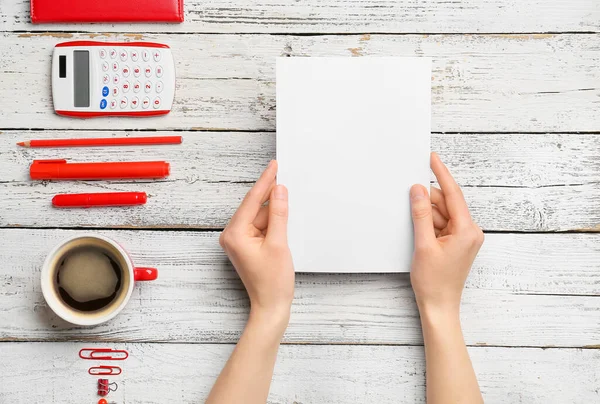 Female Hands Blank Sheet Paper Stationery Cup Coffee Light Wooden — Stock Photo, Image