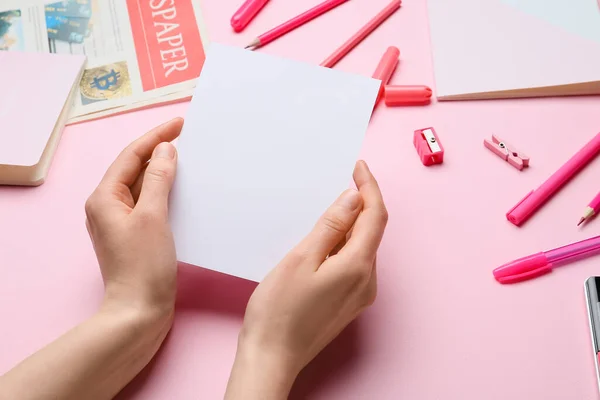 Female Hands Blank Sheet Paper Stationery Color Background Closeup — Stock Photo, Image