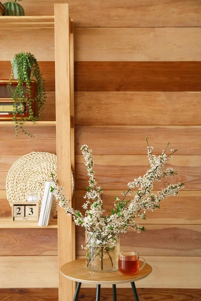 Vase Blossoming Branches Book Shelf Wooden Wall — Stock Photo, Image