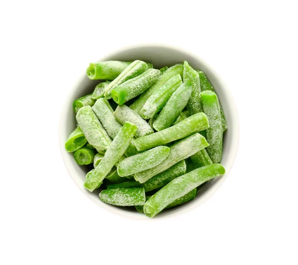 白い背景に緑の豆の冷凍ボウル — ストック写真