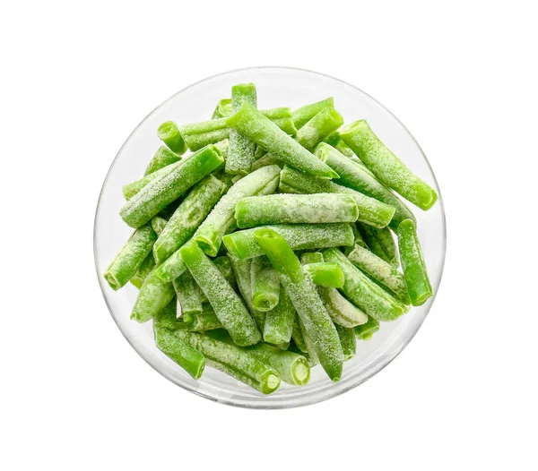 Schüssel Mit Gefrorenen Grünen Bohnen Auf Weißem Hintergrund — Stockfoto