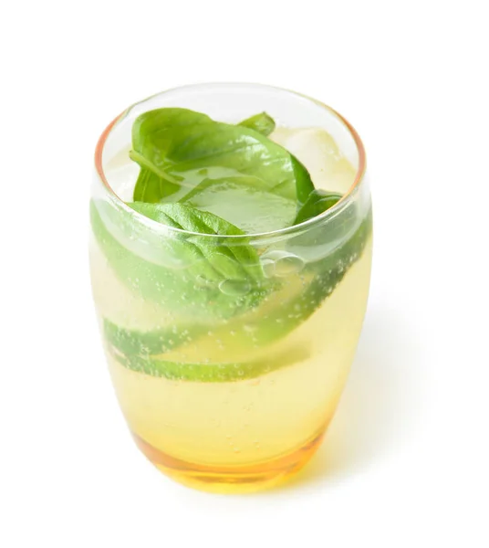 Glass Tasty Lemonade Basil White Background — Stock Photo, Image