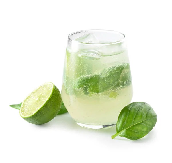 Glass Tasty Lemonade Basil White Background — Stock Photo, Image