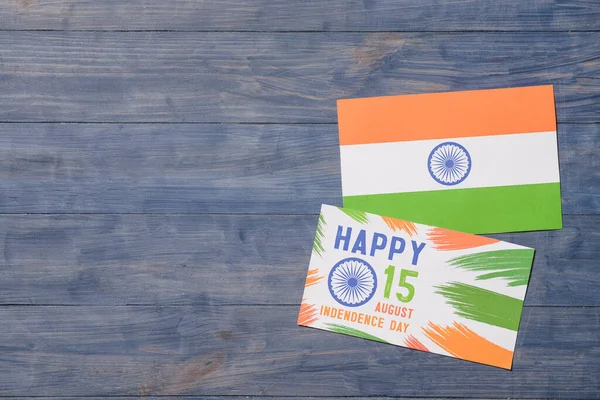 Indyjska Flaga Kartka Okolicznościowa Dzień Niepodległości Drewnianym Tle — Zdjęcie stockowe