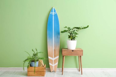 Sörf tahtası, masa ve renk duvarına yakın bitkiler.