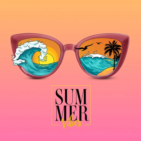 Stylish Sunglasses Drawn Reflection Tropical Resort Color Background — Stock Photo, Image