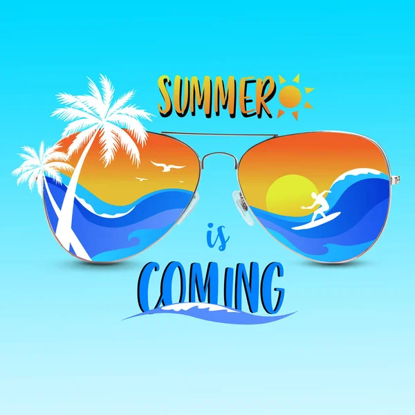 Stylish Sunglasses Drawn Reflection Tropical Resort Color Background — Stock Photo, Image