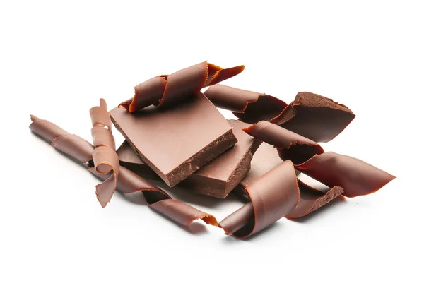 Lahodné Čokoládové Kudrlinky Kousky Bílém Pozadí — Stock fotografie