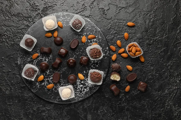 Sweet Chocolate Candies Nuts Dark Background — Stock Photo, Image