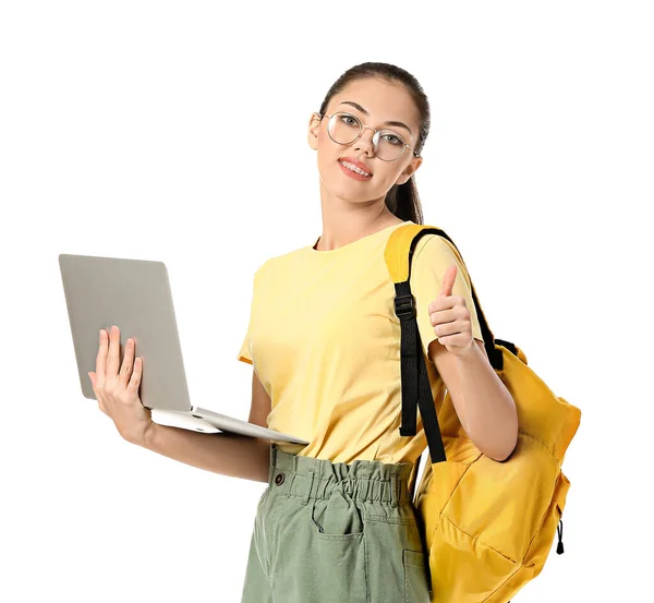 Estudante Feminina Com Laptop Mostrando Polegar Para Cima Fundo Branco — Fotografia de Stock