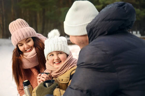 Happy Family Drinking Hot Tea Park Winter Day — Stock Photo, Image